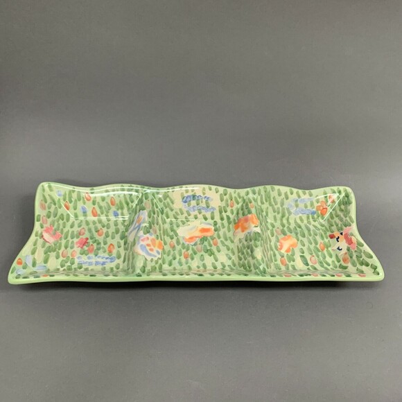 WCL Green Divided 3 Serving Dish Tray Plate 19 1/4 x 7 x 2 Floral Rectangle - Picture 2 of 7